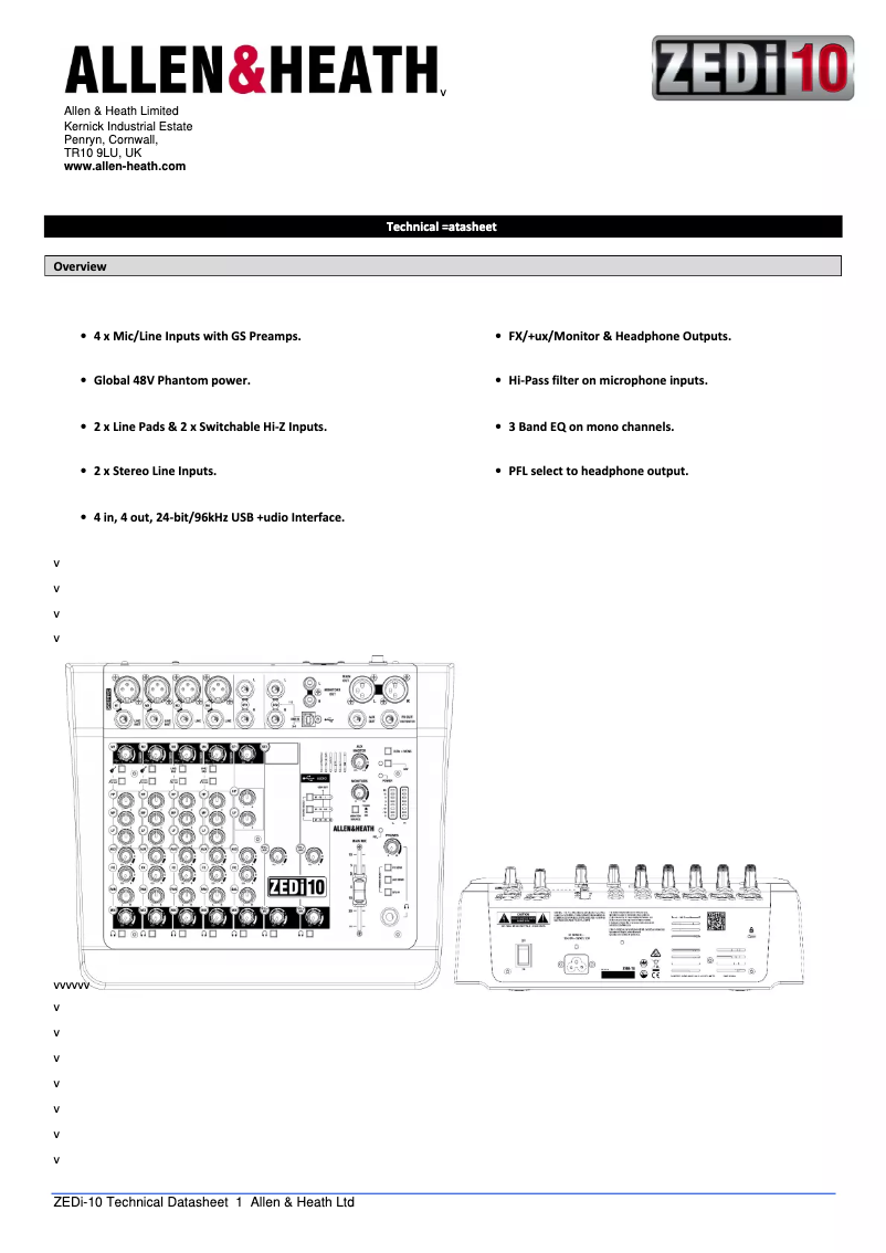 Page n°1 - Fiche technique Allen & Heath ZEDi-10