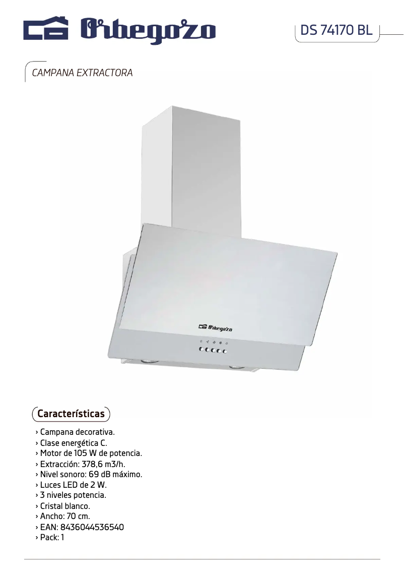 Page 1 de la notice Fiche technique Orbegozo DS 74170 BL