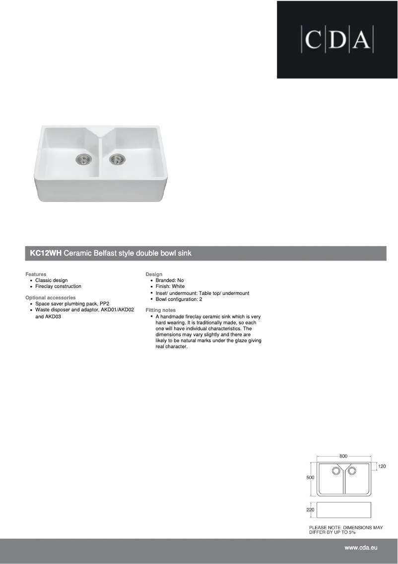 Page n°1 - Fiche technique CDA KC12WH