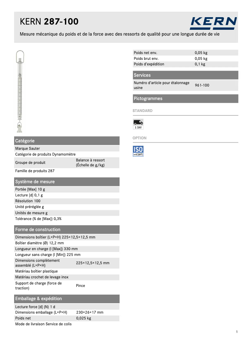 Page n°1 - Fiche technique Kern 287-100