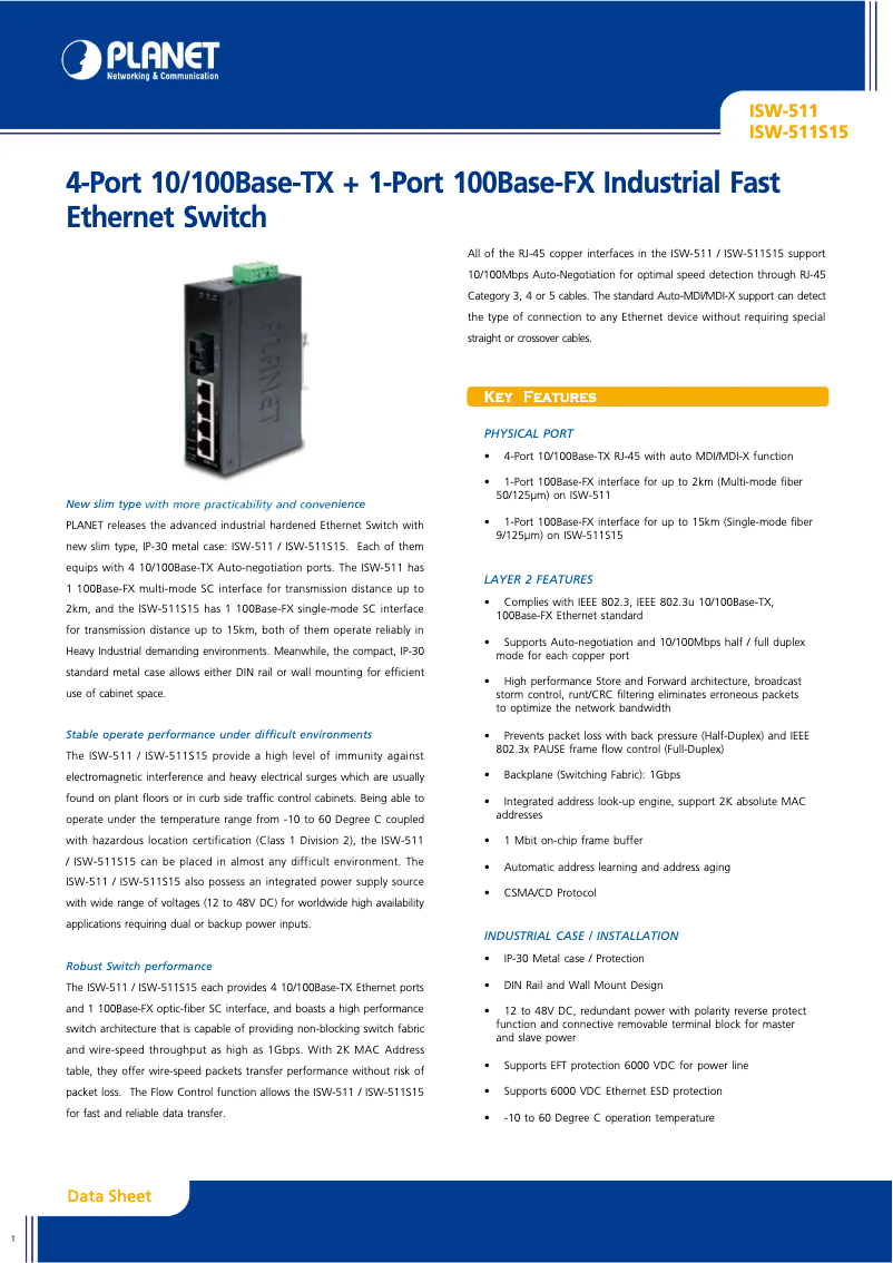 Page 1 de la notice Fiche technique Planet ISW-511S15