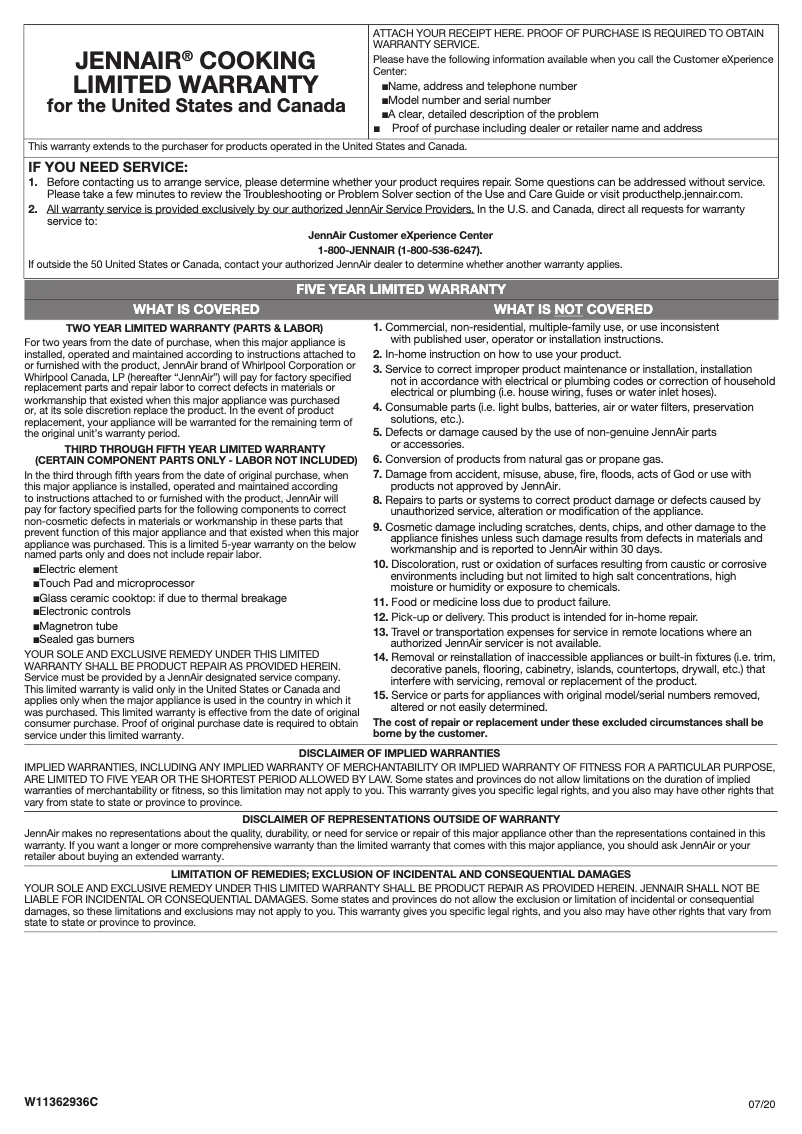 Page n°1 - Informations de garantie JennAir JDRP848HM