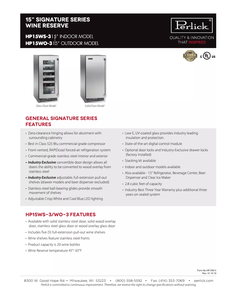 Página 1 del manual Ficha técnica Perlick Signature Series HP15WS-3-3L