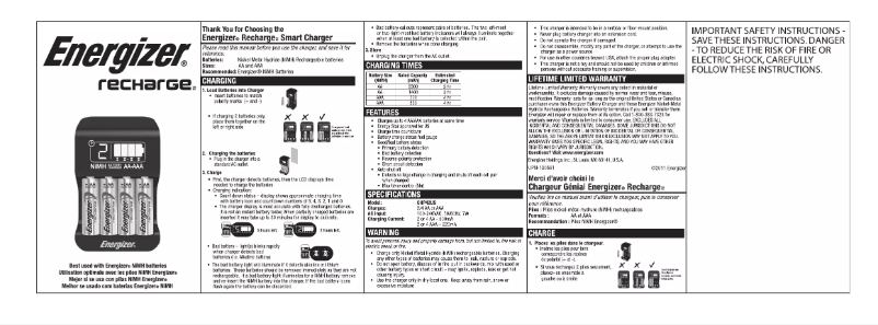 Page 1 de la notice Manuel utilisateur Energizer CHP4WB4