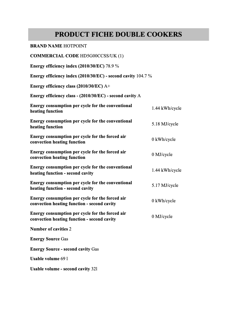 Page n°1 - Fiche technique Hotpoint HD5G00CCSS/UK