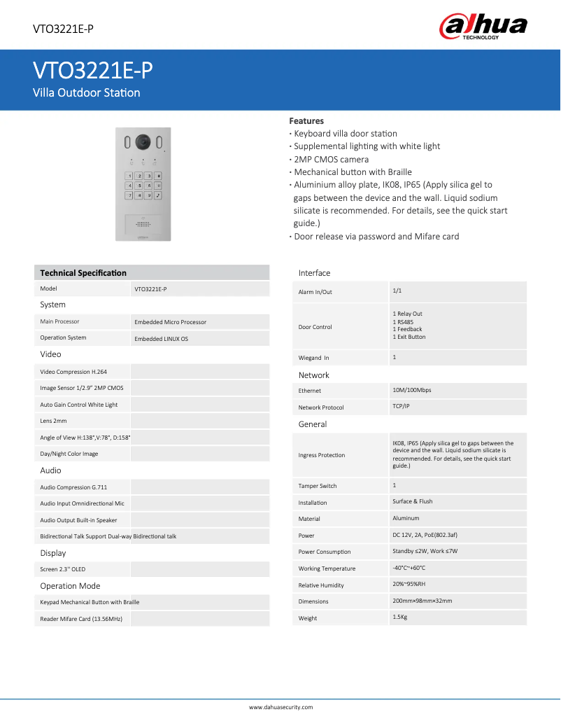 Image de la première page du manuel de l'appareil VTO3221E-P