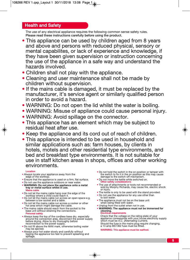 Page 1 de la notice Manuel utilisateur Morphy Richards 108269