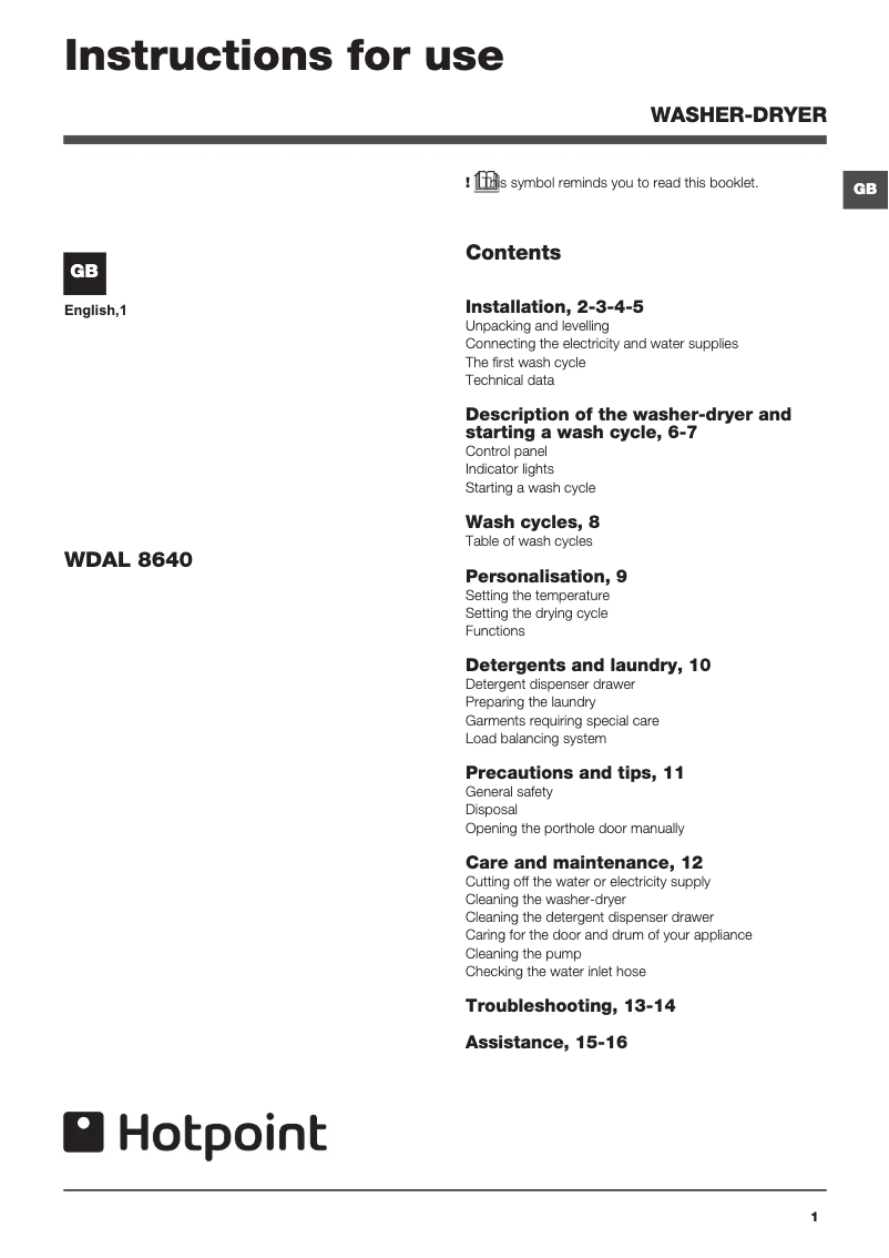 Page n°1 - Manuel utilisateur Hotpoint WDAL 8640G UK