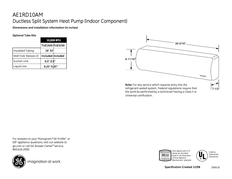 Page n°1 - Fiche technique GE AE1RD10AM