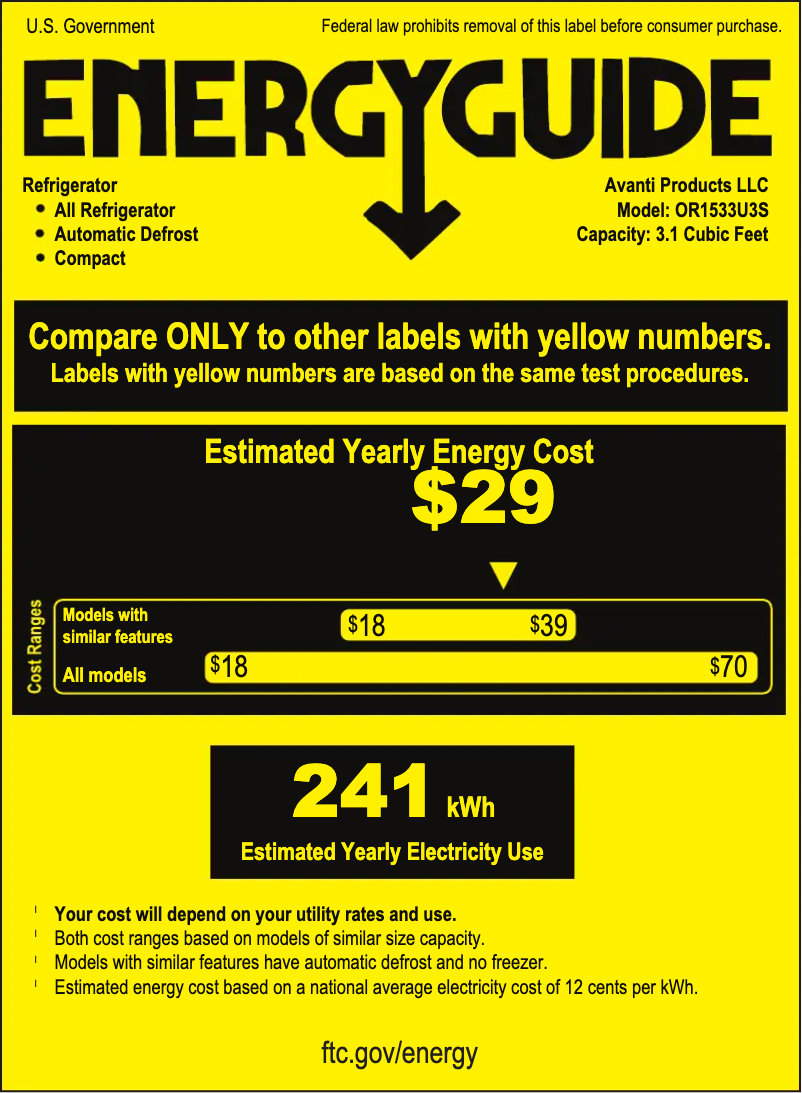 Page 1 de la notice Label énergétique Avanti OR1533U3S