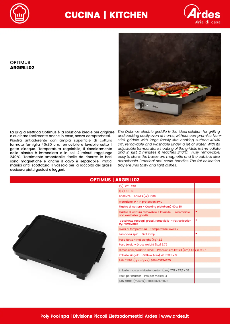 Page 1 de la notice Fiche technique Ardes Optimus ARGRILL02