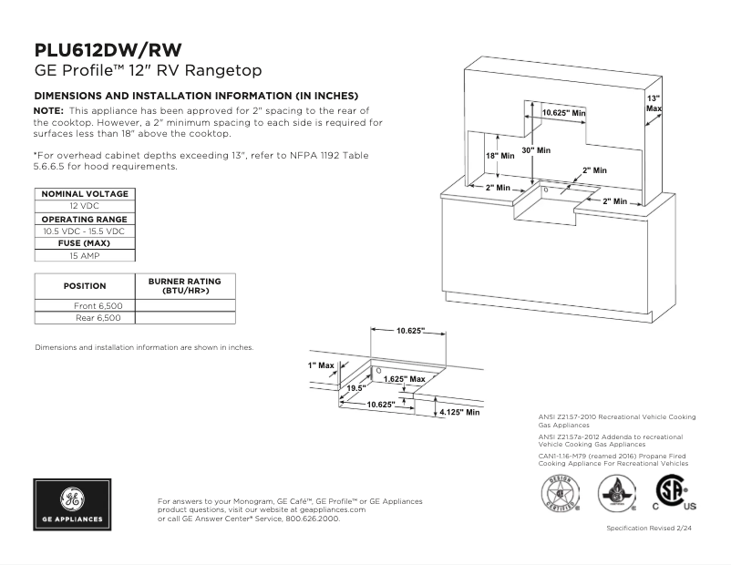 Page n°1 - Fiche technique GE Profile PLU612DWBB