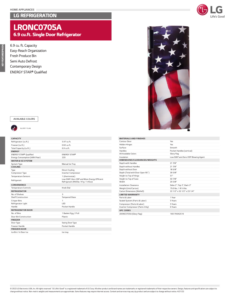 Página 1 del manual Ficha técnica LG LRONC0705A