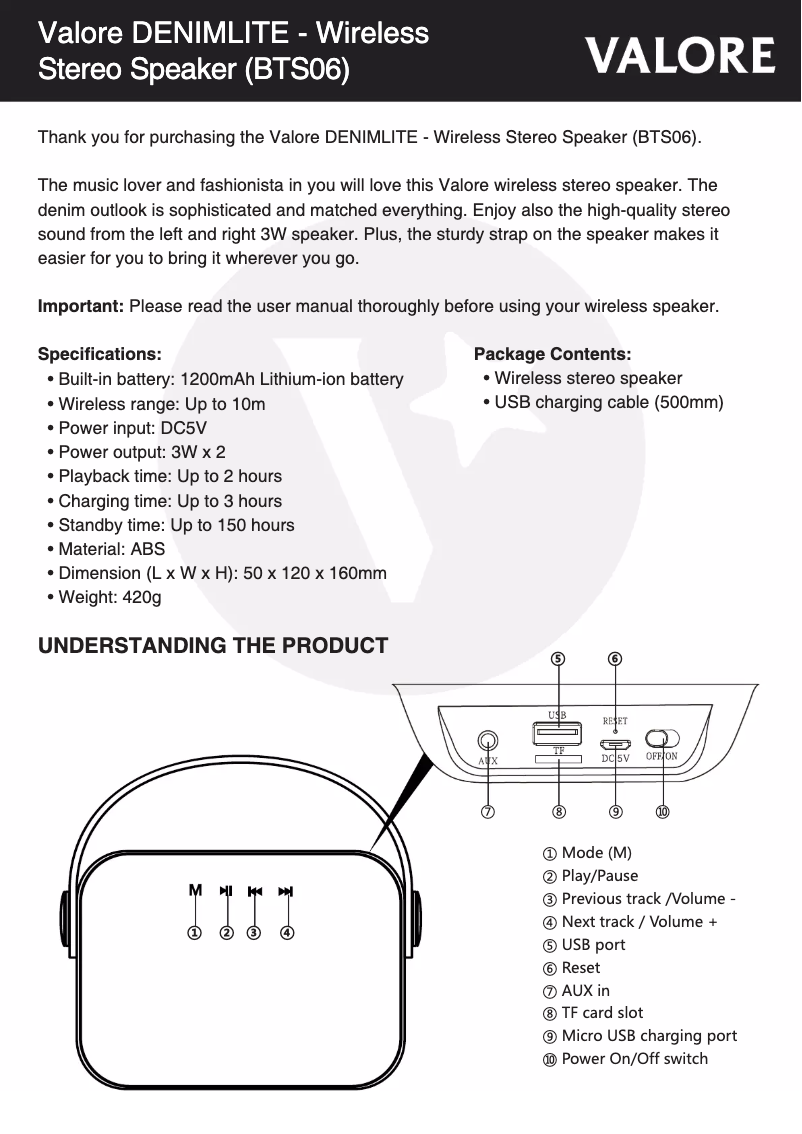 Page n°1 - Manuel utilisateur Valore BTS06