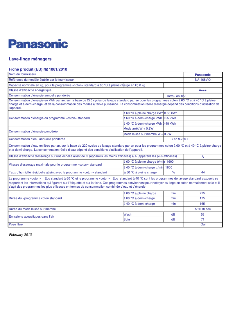 Page 1 de la notice Fiche technique Panasonic NA-168VX4