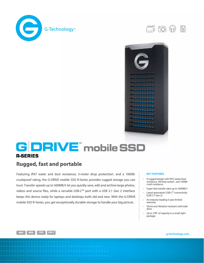 Page 1 de la notice Fiche technique G-Technology G-DRIVE mobile SSD R-Series