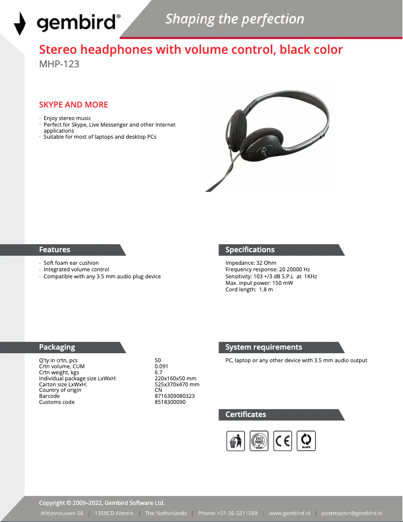 Page 1 de la notice Manuel utilisateur Gembird MHP-123