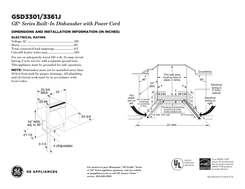 Page 1 de la notice Fiche technique GE GSD3301JWW