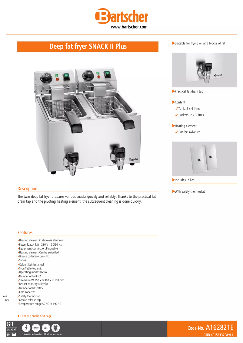 Page 1 de la notice Fiche technique Bartscher SNACK II Plus A162821E