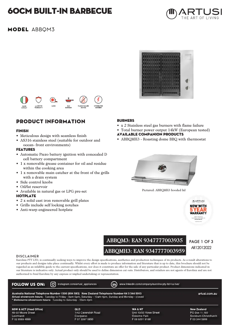 Page 1 of the manual Technical Sheet Artusi ABBQM3