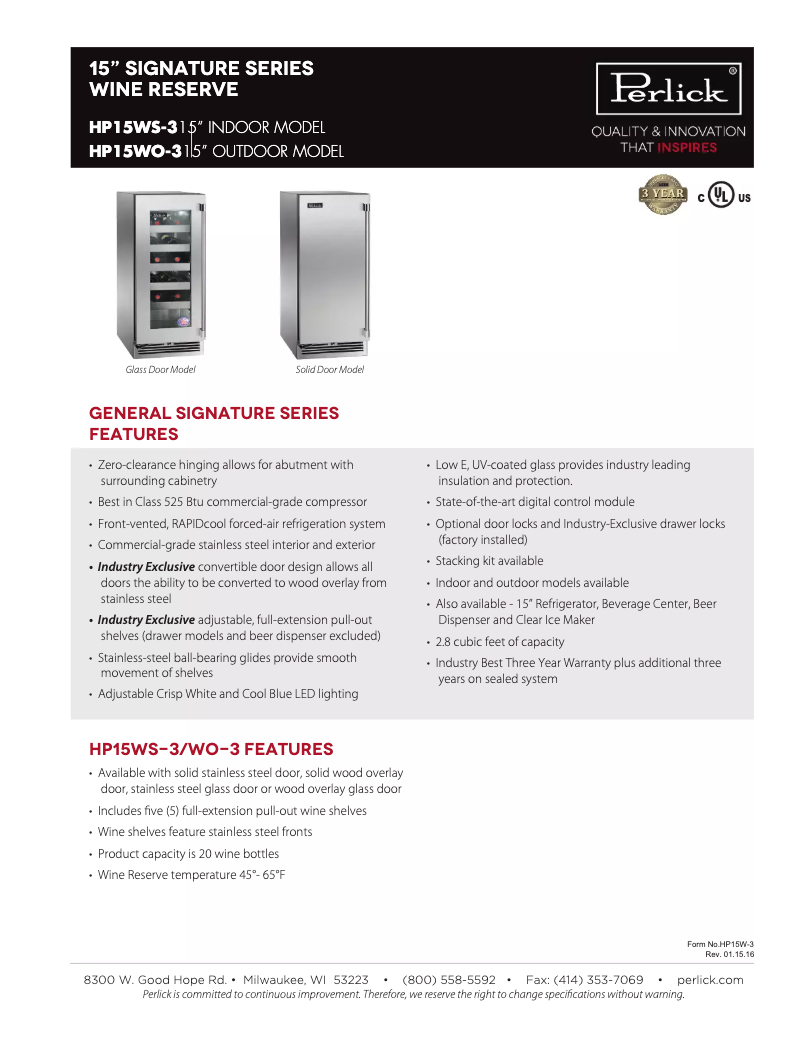 Page n°1 - Fiche technique Perlick Signature Series HP15WS-3-2R