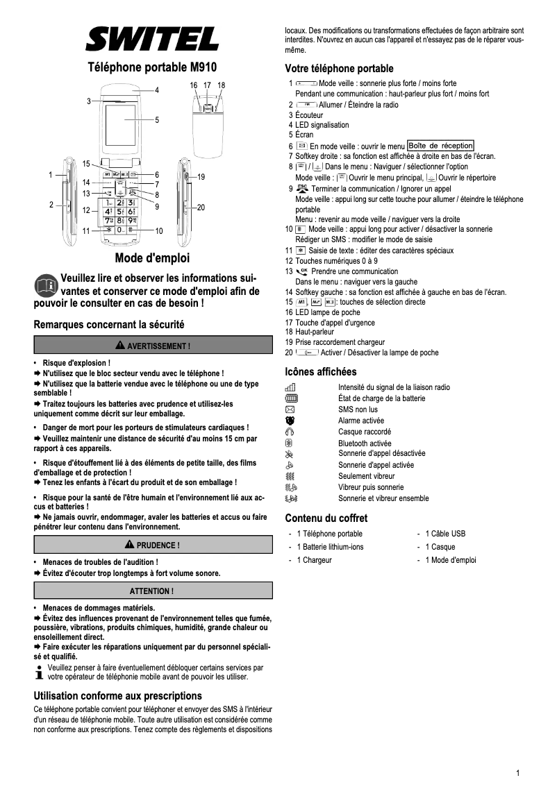 Page 1 de la notice Manuel utilisateur Switel M910