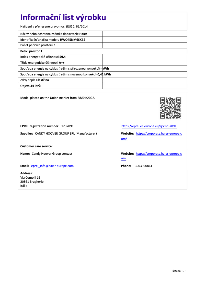 Page 1 de la notice Fiche technique Haier HWO45NM6SXB2