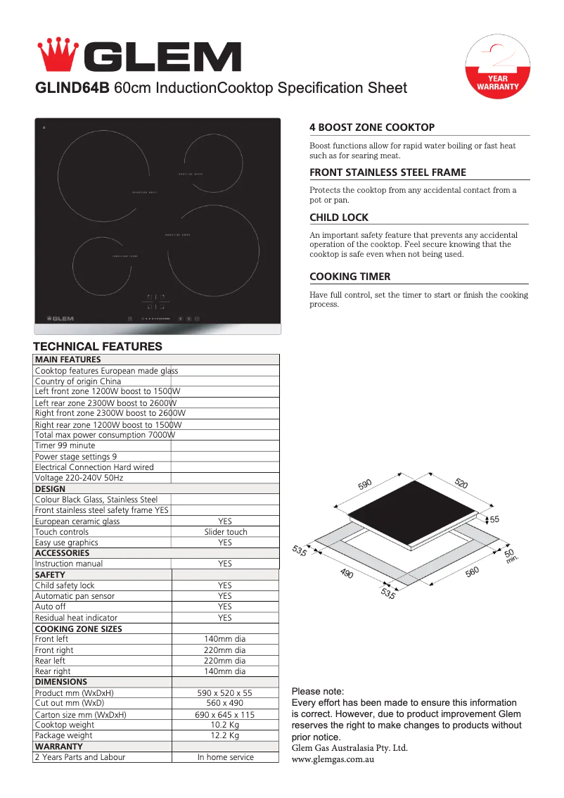 Page 1 de la notice Fiche technique Glem Gas GLIND64B