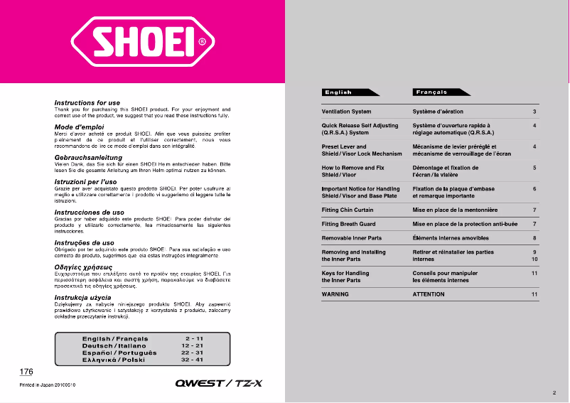 Page n°1 - Manuel utilisateur Shoei TZ-X