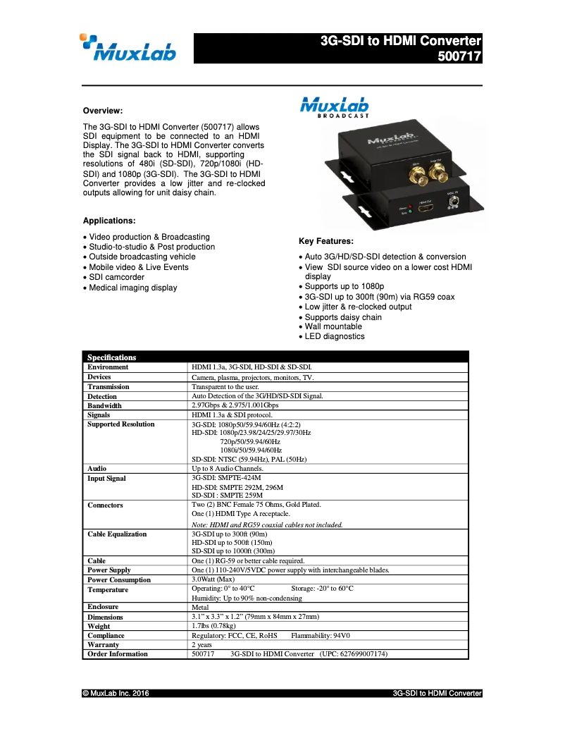 Page 1 of the manual User Manual MuxLab 3G-SDI to HDMI Converter
