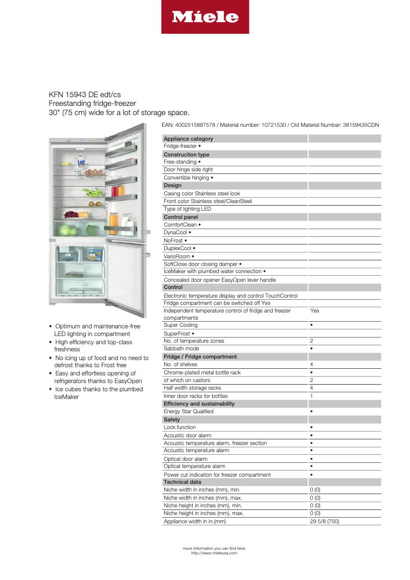 Page n°1 - Fiche technique Miele KFN 15943 DE