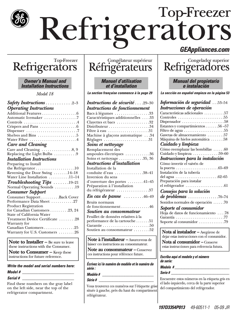 Page 1 de la notice Manuel d'utilisation et d'entretien GE GTS18JBPCC