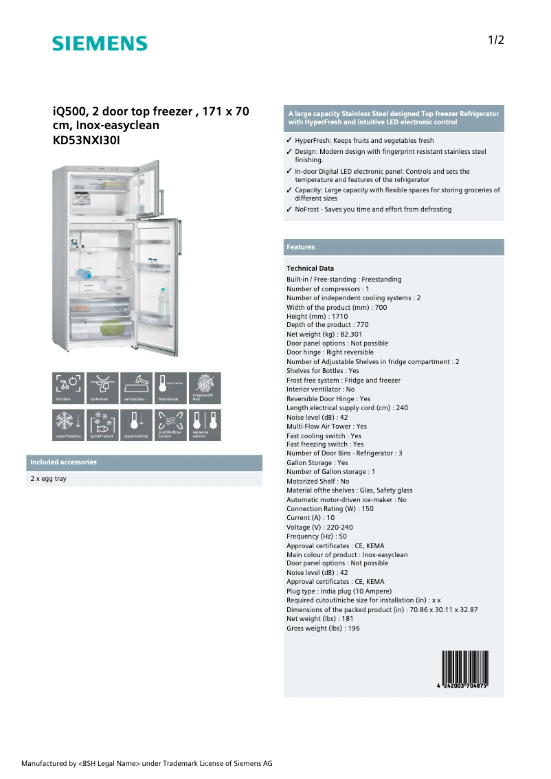 Image de la première page du manuel de l'appareil KD53NXI30I