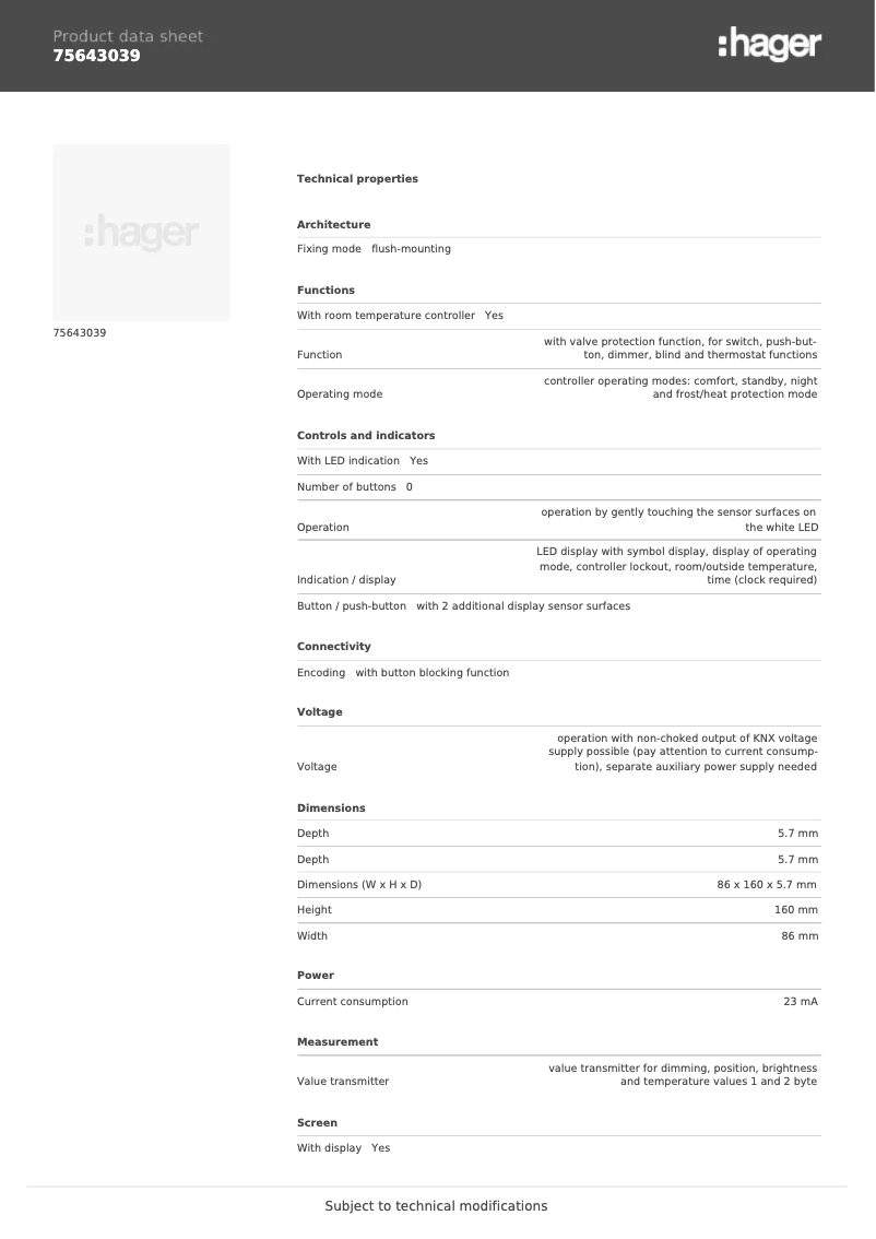 Page 1 de la notice Fiche technique Berker 75643039