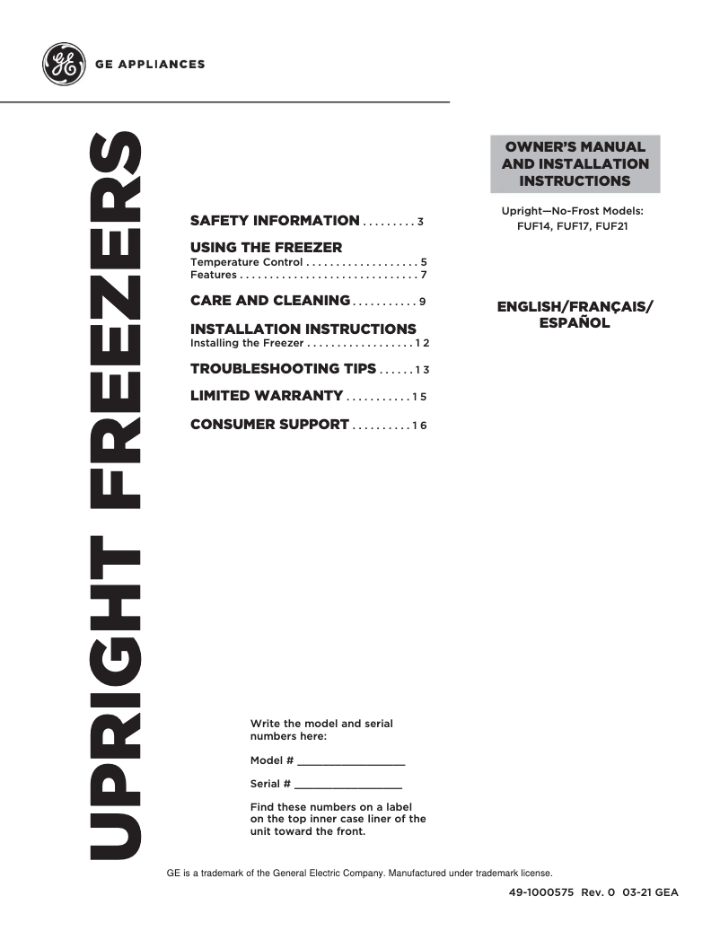 Page n°1 - Guide d'installation GE FUF17QRRWW