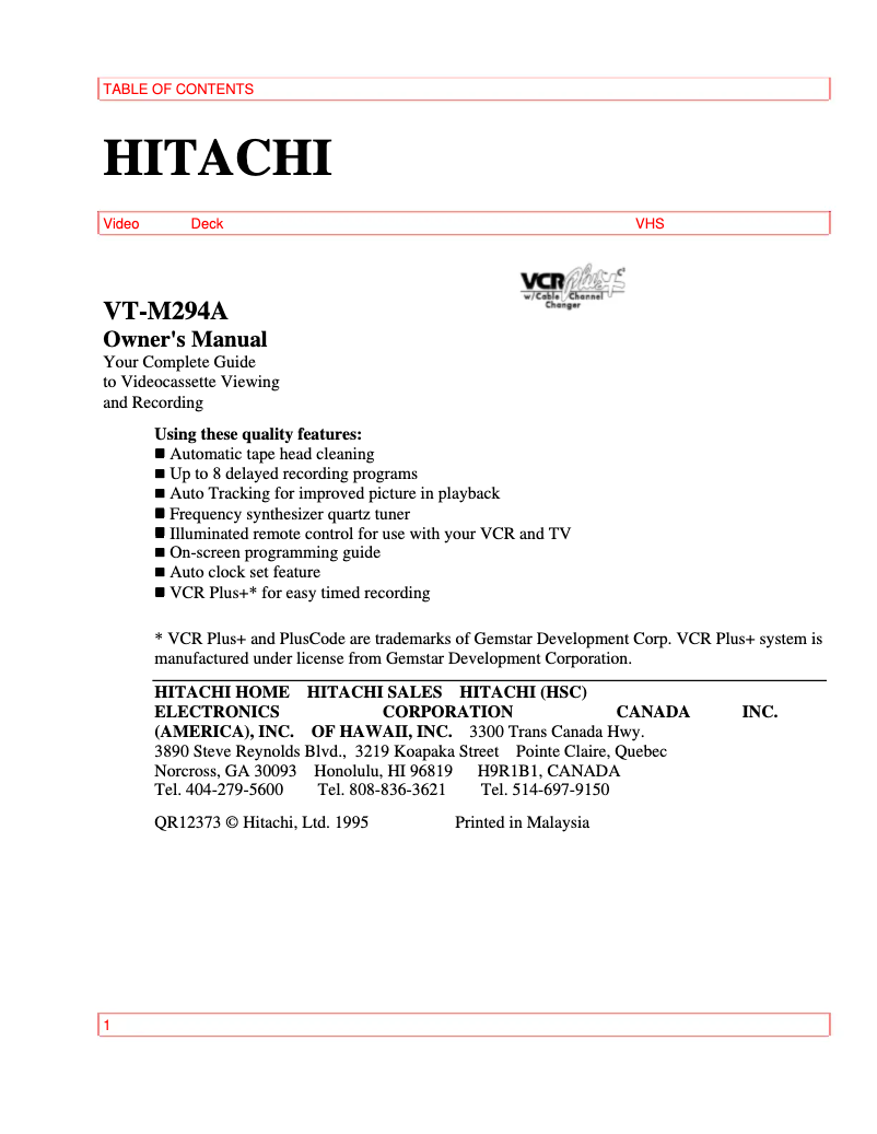 Page 1 de la notice Manuel utilisateur Hitachi VT-M294A