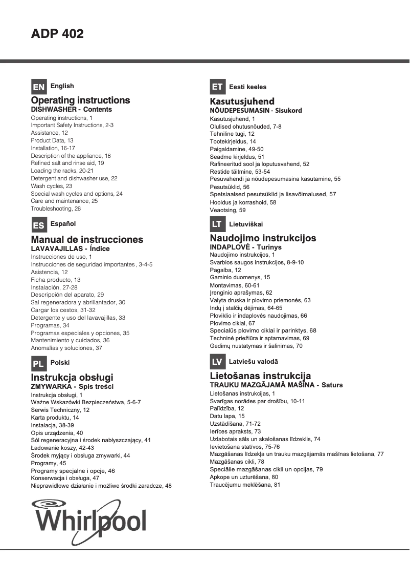 Page 1 de la notice Mode d'emploi Whirlpool ADP 402