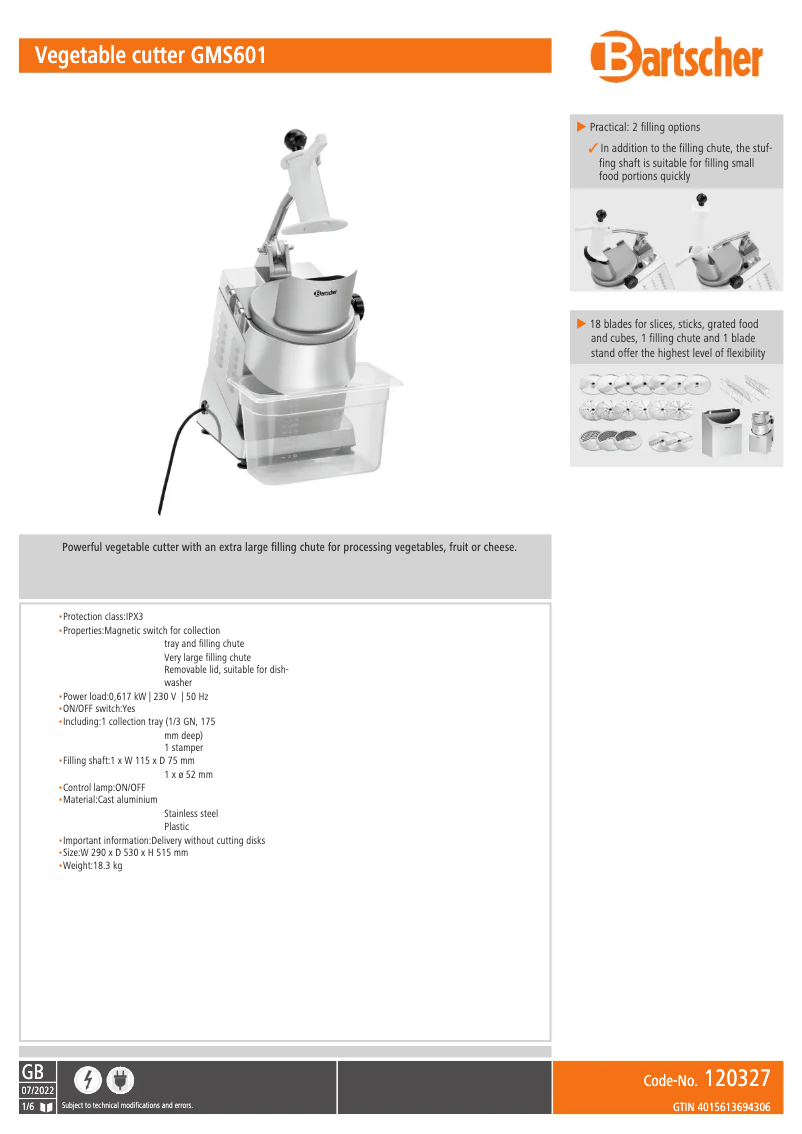 Page 1 de la notice Fiche technique Bartscher GMS601