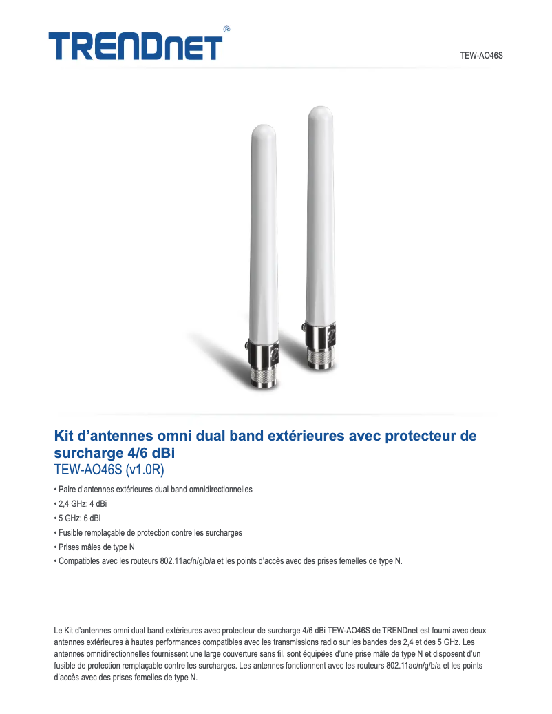 Page 1 de la notice Fiche technique TRENDnet TEW-AO46S
