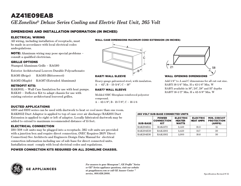 Page 1 of the manual Technical Sheet GE AZ41E09EAB Zoneline