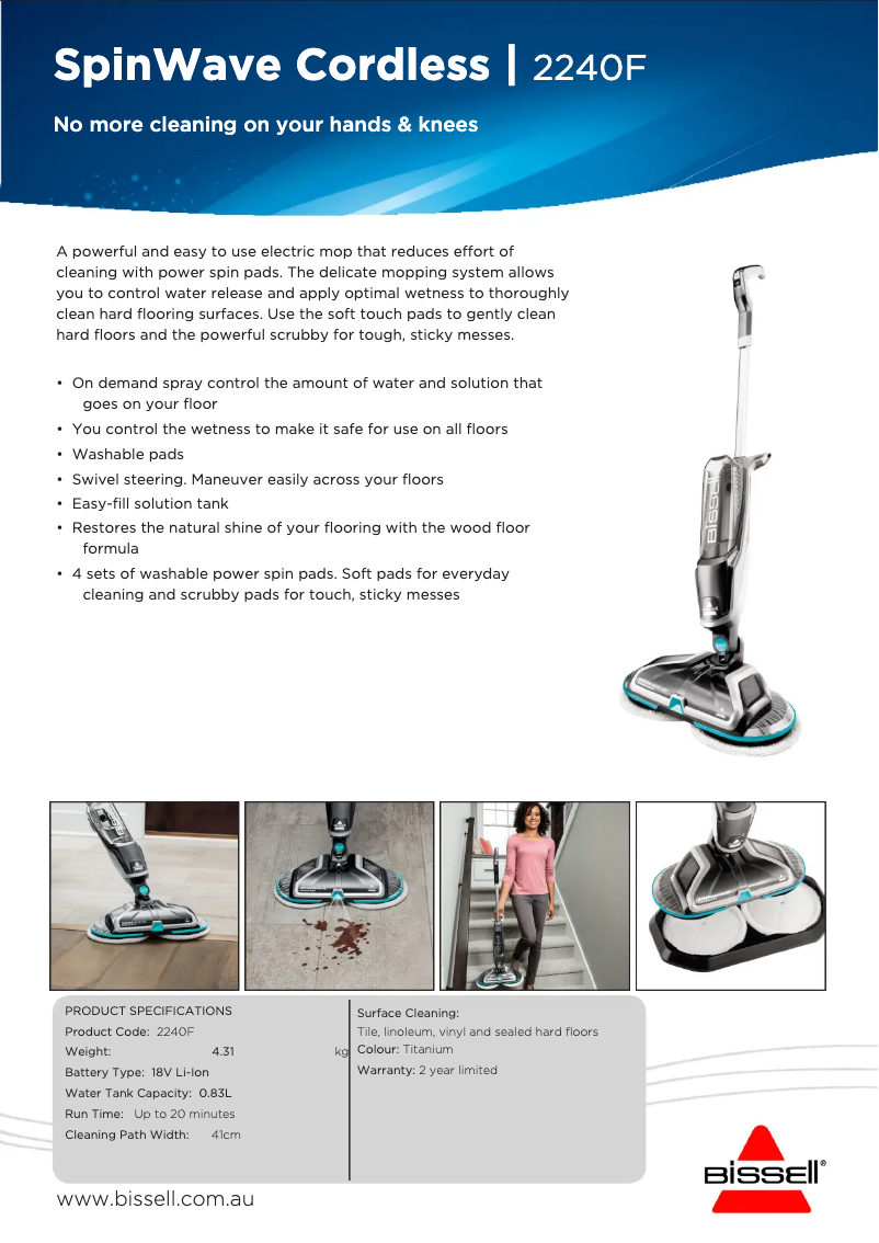 Page 1 de la notice Fiche technique Bissell SpinWave Cordless 2240F