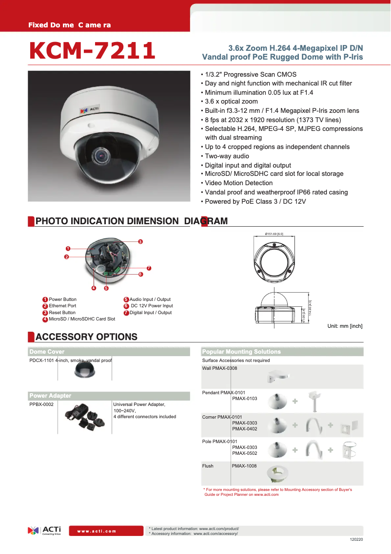 Page 1 de la notice Fiche technique ACTi KCM-7211
