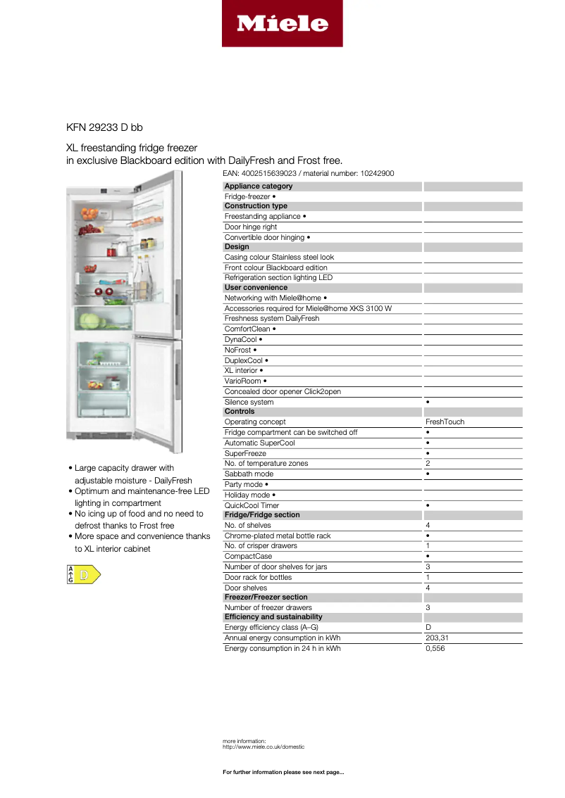 Page 1 de la notice Fiche technique Miele KFN 29233 D bb