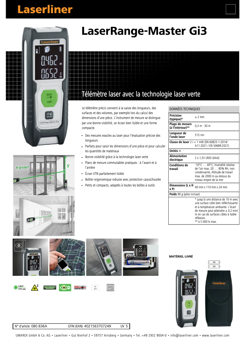 Page 1 de la notice Fiche technique Laserliner LaserRange-Master Gi3