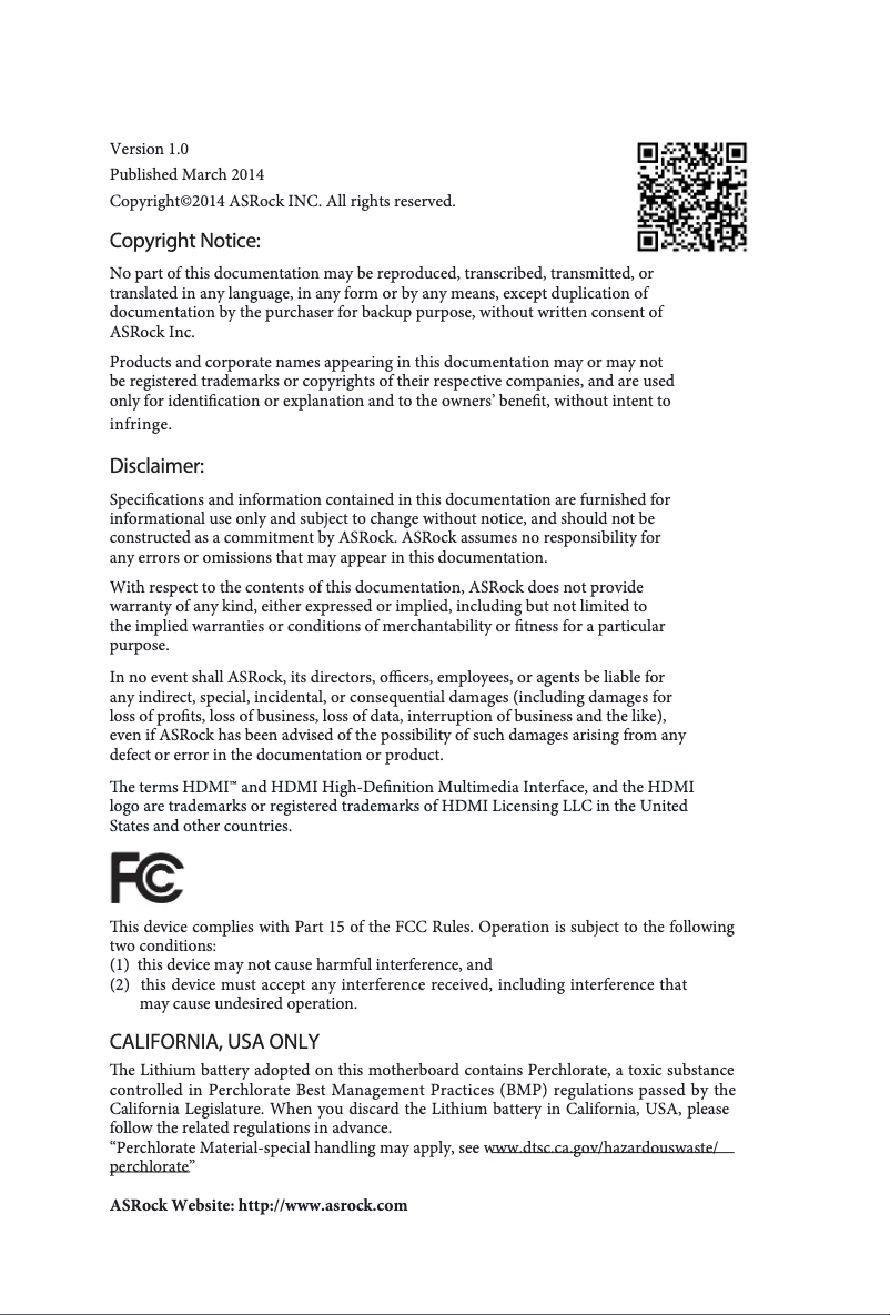 Page 1 de la notice Manuel utilisateur Asrock FM2A58+ BTC