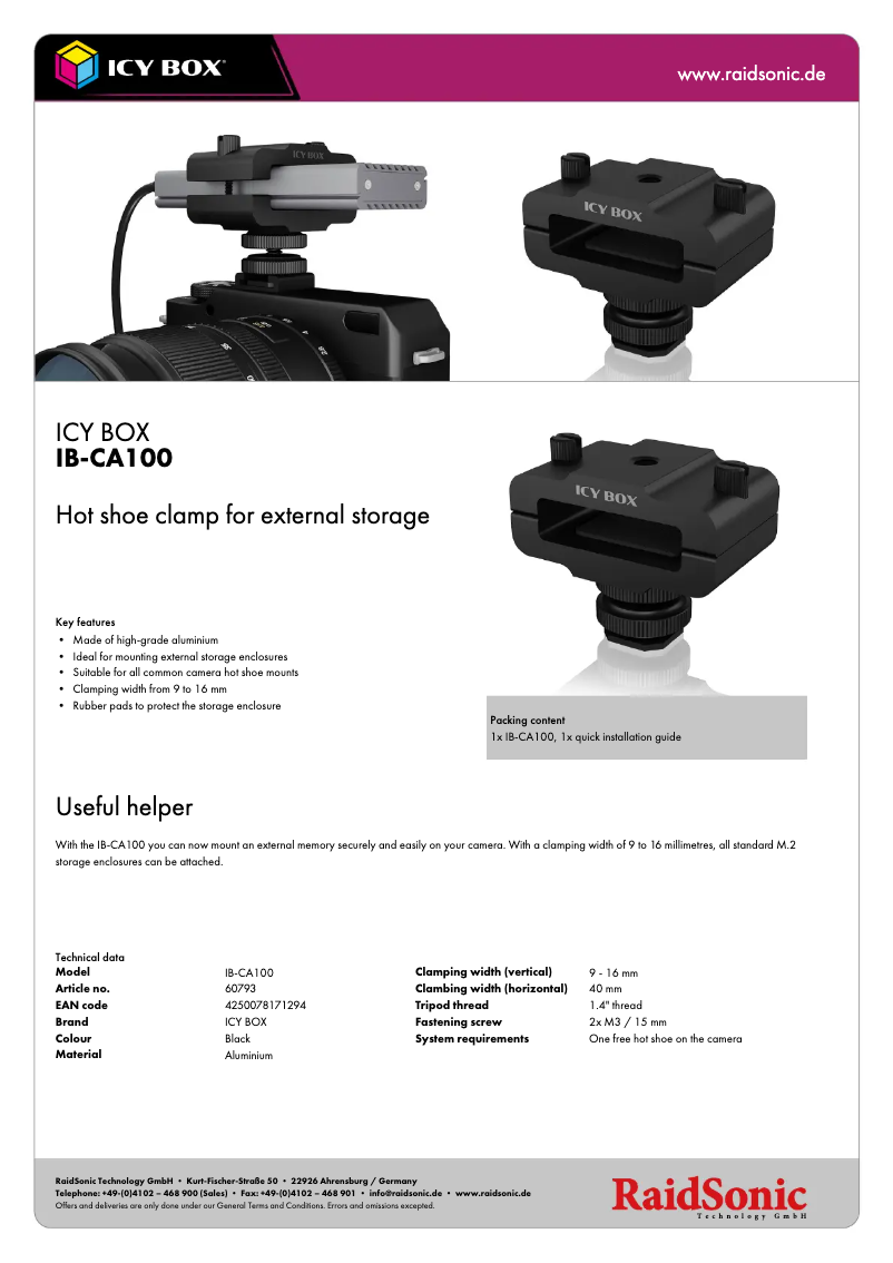 Page 1 de la notice Fiche technique Icy Box IB-CA100