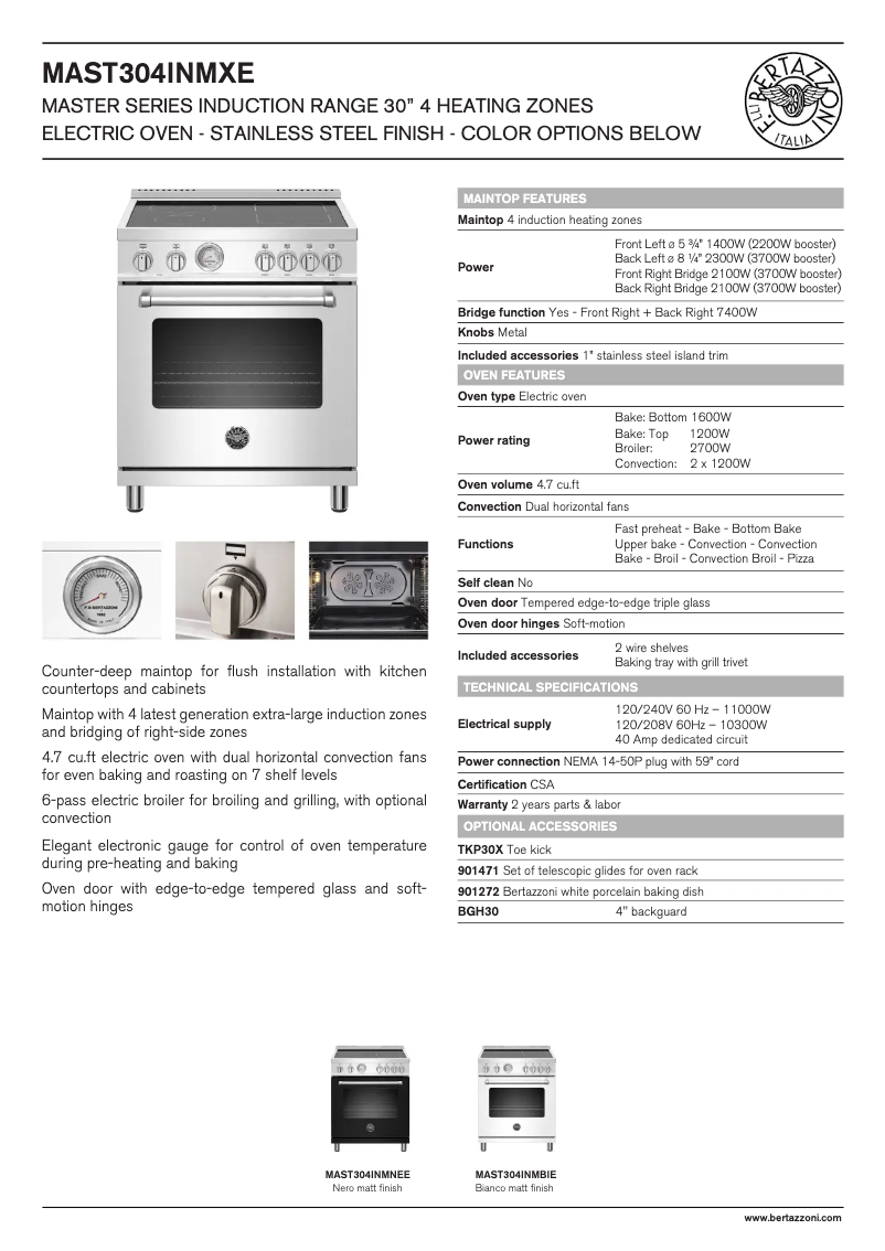 Page 1 de la notice Fiche technique Bertazzoni MAST304INMBIE