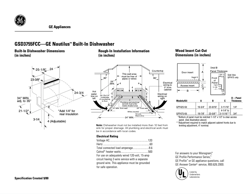 Page 1 de la notice Fiche technique GE GSD3755FCC