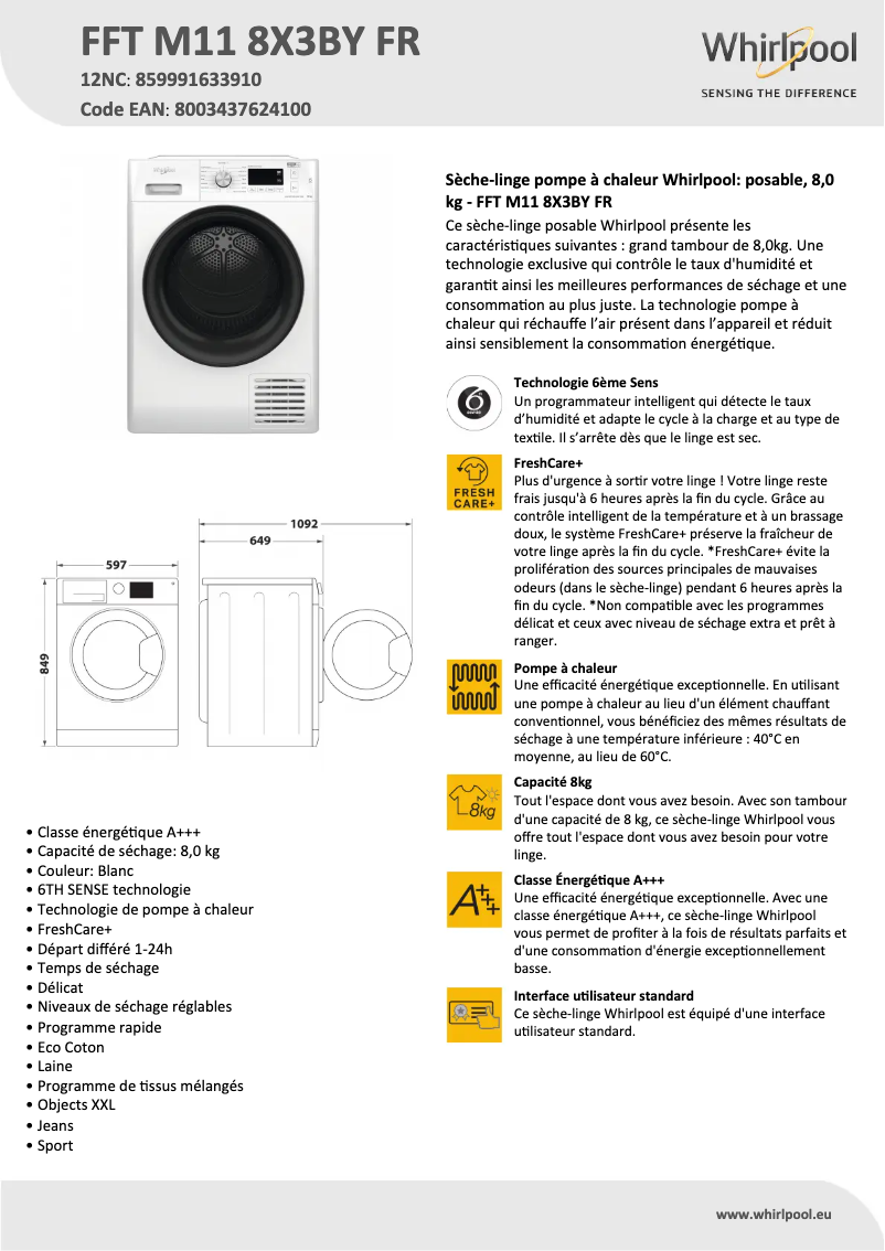 Página 1 del manual Ficha técnica Whirlpool FFT M11 8X3BY FR