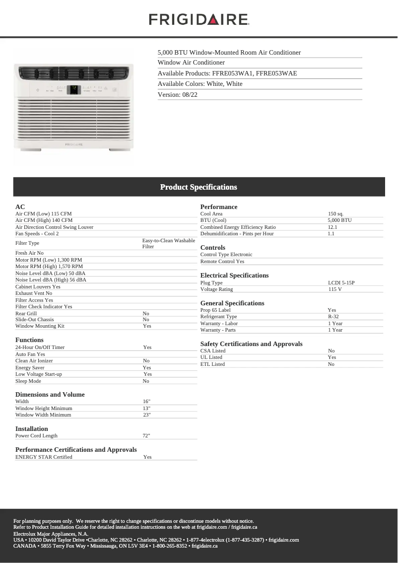 Page 1 de la notice Fiche technique Frigidaire FFRE053WAE